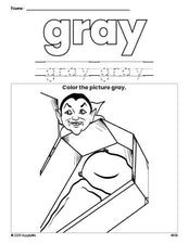 Free Halloween vampire color gray coloring page and color worksheet, gray worksheet for preschoolers to learn colors, printable PDF