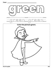 Free Halloween vampire color green coloring page and color worksheet, green worksheet for preschoolers to learn colors, printable PDF