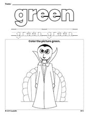 Free Halloween vampire color green coloring page and color worksheet, green worksheet for preschoolers to learn colors, printable PDF