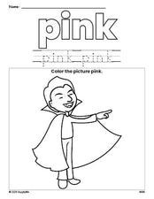 Free Halloween vampire color pink coloring page and color worksheet, pink worksheet for preschoolers to learn colors, printable PDF