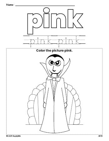 Free Halloween vampire color pink coloring page and color worksheet, pink worksheet for preschoolers to learn colors, printable PDF