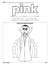 Free Halloween vampire color pink coloring page and color worksheet, pink worksheet for preschoolers to learn colors, printable PDF