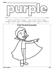 Free Halloween vampire color purple coloring page and color worksheet, purple worksheet for preschoolers to learn colors, printable PDF