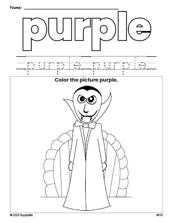 Free Halloween vampire color purple coloring page and color worksheet, purple worksheet for preschoolers to learn colors, printable PDF