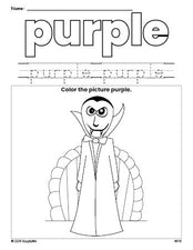 Free Halloween vampire color purple coloring page and color worksheet, purple worksheet for preschoolers to learn colors, printable PDF