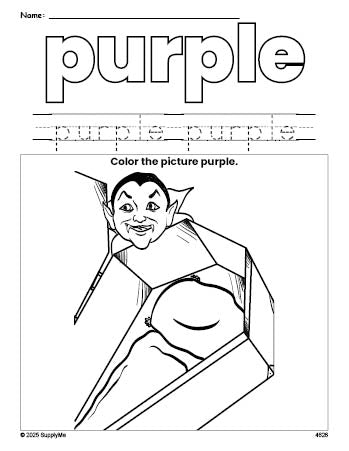 Free Halloween vampire color purple coloring page and color worksheet, purple worksheet for preschoolers to learn colors, printable PDF