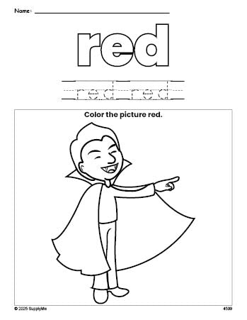 Free Halloween vampire color red coloring page and color worksheet, red worksheet for preschoolers to learn colors, printable PDF