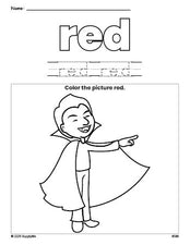 Free Halloween vampire color red coloring page and color worksheet, red worksheet for preschoolers to learn colors, printable PDF