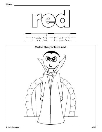 Free Halloween vampire color red coloring page and color worksheet, red worksheet for preschoolers to learn colors, printable PDF