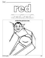 Free Halloween vampire color red coloring page and color worksheet, red worksheet for preschoolers to learn colors, printable PDF