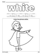 Free Halloween vampire color white coloring page and color worksheet, white worksheet for preschoolers to learn colors, printable PDF