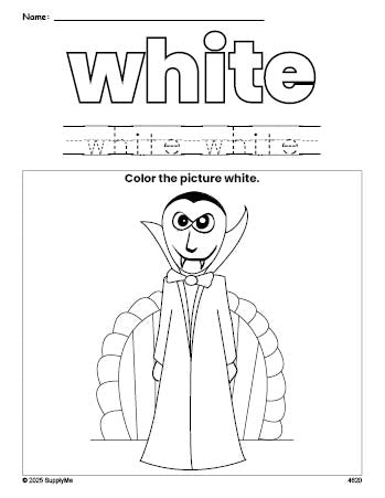 Free Halloween vampire color white coloring page and color worksheet, white worksheet for preschoolers to learn colors, printable PDF