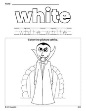 Free Halloween vampire color white coloring page and color worksheet, white worksheet for preschoolers to learn colors, printable PDF