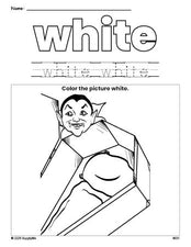 Free Halloween vampire color white coloring page and color worksheet, white worksheet for preschoolers to learn colors, printable PDF