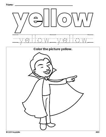 Free Halloween vampire color yellow coloring page and color worksheet, yellow worksheet for preschoolers to learn colors, printable PDF