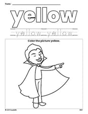 Free Halloween vampire color yellow coloring page and color worksheet, yellow worksheet for preschoolers to learn colors, printable PDF