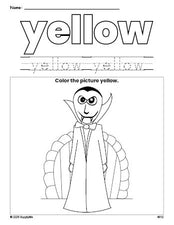 Free Halloween vampire color yellow coloring page and color worksheet, yellow worksheet for preschoolers to learn colors, printable PDF