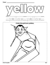 Free Halloween vampire color yellow coloring page and color worksheet, yellow worksheet for preschoolers to learn colors, printable PDF