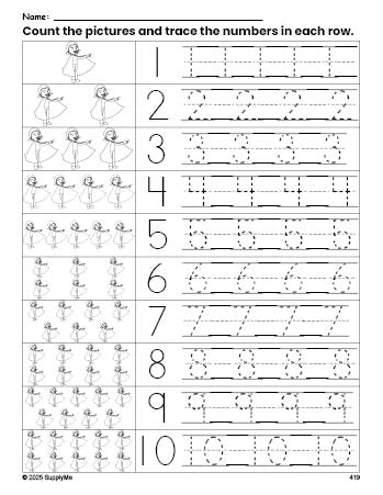 Free printable Halloween vampire counting worksheet for preschool and pre-k with number tracing practice 1-10, PDF