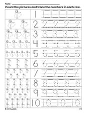 Free printable Halloween vampire counting worksheet for preschool and pre-k with number tracing practice 1-10, PDF