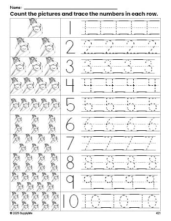 Free printable Halloween vampire counting worksheet for preschool and pre-k with number tracing practice 1-10, PDF