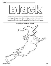 Free Halloween witch color black coloring page and color worksheet, black worksheet for preschoolers to learn colors, printable PDF