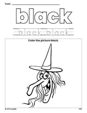 Free Halloween witch color black coloring page and color worksheet, black worksheet for preschoolers to learn colors, printable PDF