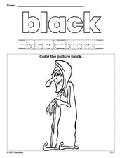 Free Halloween witch color black coloring page and color worksheet, black worksheet for preschoolers to learn colors, printable PDF