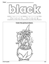 Free Halloween witch color black coloring page and color worksheet, black worksheet for preschoolers to learn colors, printable PDF