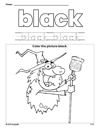 Free Halloween witch color black coloring page and color worksheet, black worksheet for preschoolers to learn colors, printable PDF