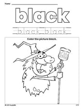 Free Halloween witch color black coloring page and color worksheet, black worksheet for preschoolers to learn colors, printable PDF