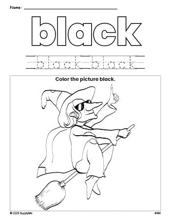 Free Halloween witch color black coloring page and color worksheet, black worksheet for preschoolers to learn colors, printable PDF