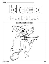 Free Halloween witch color black coloring page and color worksheet, black worksheet for preschoolers to learn colors, printable PDF