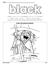 Free Halloween witch color black coloring page and color worksheet, black worksheet for preschoolers to learn colors, printable PDF