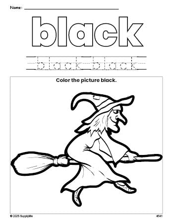 Free Halloween witch color black coloring page and color worksheet, black worksheet for preschoolers to learn colors, printable PDF