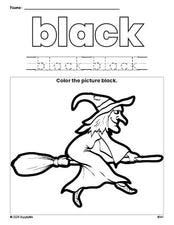 Free Halloween witch color black coloring page and color worksheet, black worksheet for preschoolers to learn colors, printable PDF