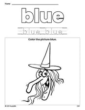 Free Halloween witch color blue coloring page and color worksheet, blue worksheet for preschoolers to learn colors, printable PDF