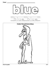 Free Halloween witch color blue coloring page and color worksheet, blue worksheet for preschoolers to learn colors, printable PDF