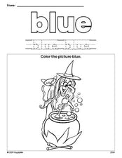 Free Halloween witch color blue coloring page and color worksheet, blue worksheet for preschoolers to learn colors, printable PDF