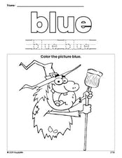 Free Halloween witch color blue coloring page and color worksheet, blue worksheet for preschoolers to learn colors, printable PDF