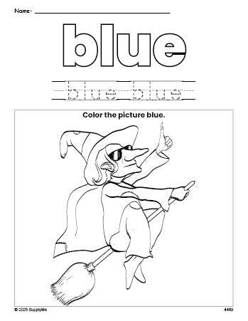 Free Halloween witch color blue coloring page and color worksheet, blue worksheet for preschoolers to learn colors, printable PDF