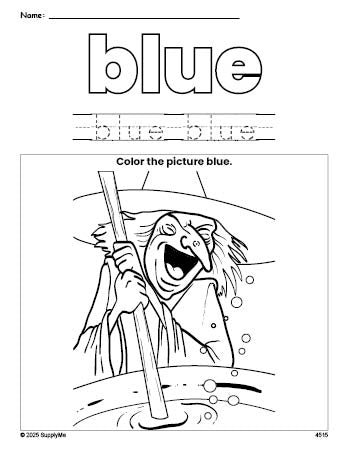 Free Halloween witch color blue coloring page and color worksheet, blue worksheet for preschoolers to learn colors, printable PDF