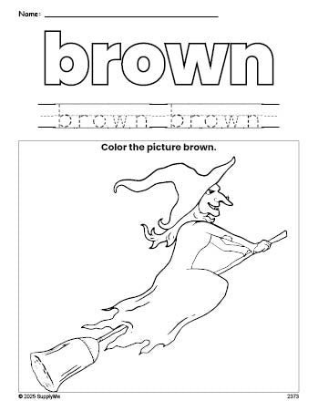 Free Halloween witch color brown coloring page and color worksheet, brown worksheet for preschoolers to learn colors, printable PDF