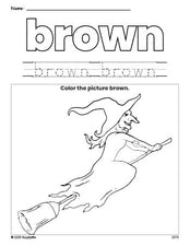 Free Halloween witch color brown coloring page and color worksheet, brown worksheet for preschoolers to learn colors, printable PDF