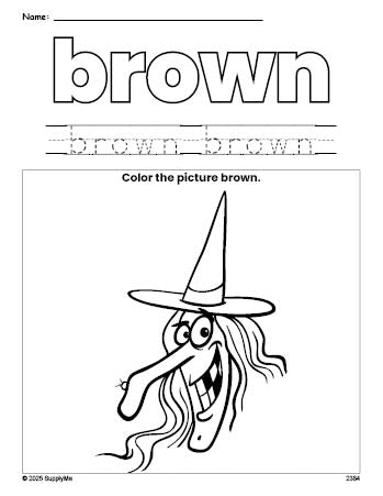 Free Halloween witch color brown coloring page and color worksheet, brown worksheet for preschoolers to learn colors, printable PDF