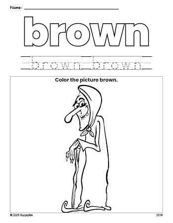 Free Halloween witch color brown coloring page and color worksheet, brown worksheet for preschoolers to learn colors, printable PDF