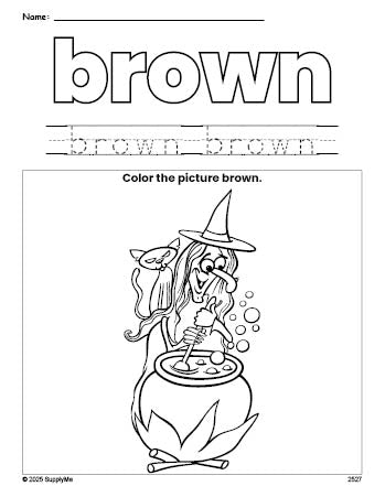 Free Halloween witch color brown coloring page and color worksheet, brown worksheet for preschoolers to learn colors, printable PDF