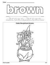 Free Halloween witch color brown coloring page and color worksheet, brown worksheet for preschoolers to learn colors, printable PDF