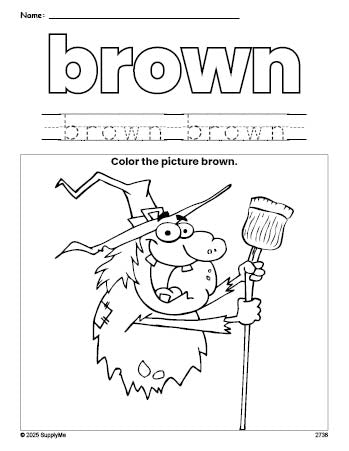 Free Halloween witch color brown coloring page and color worksheet, brown worksheet for preschoolers to learn colors, printable PDF