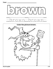 Free Halloween witch color brown coloring page and color worksheet, brown worksheet for preschoolers to learn colors, printable PDF